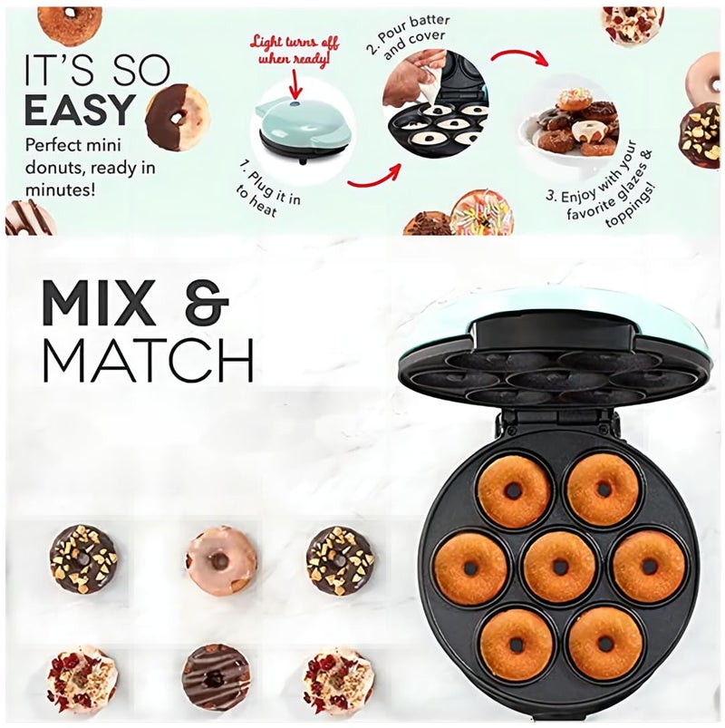 KAGOR Donut Maker, Electric Non-Stick Surface Makes 7 Small Doughnuts Mini Donut Maker Machine, Mini Doughnut Maker Pancake Maker for Breakfast, Snacks, Desserts & More, Azure - Image 4